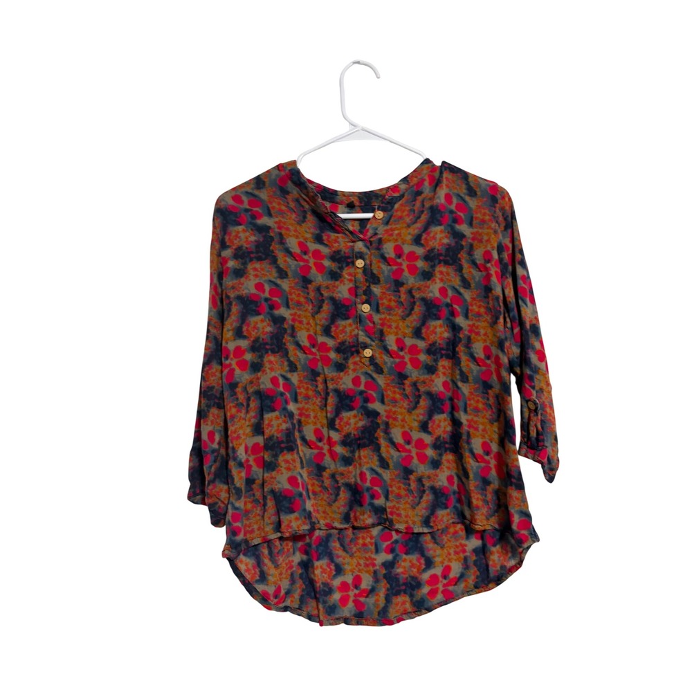 Floral Henley Blouse Boho Roll Tab Sleeve Pink Navy Abstract Print XL